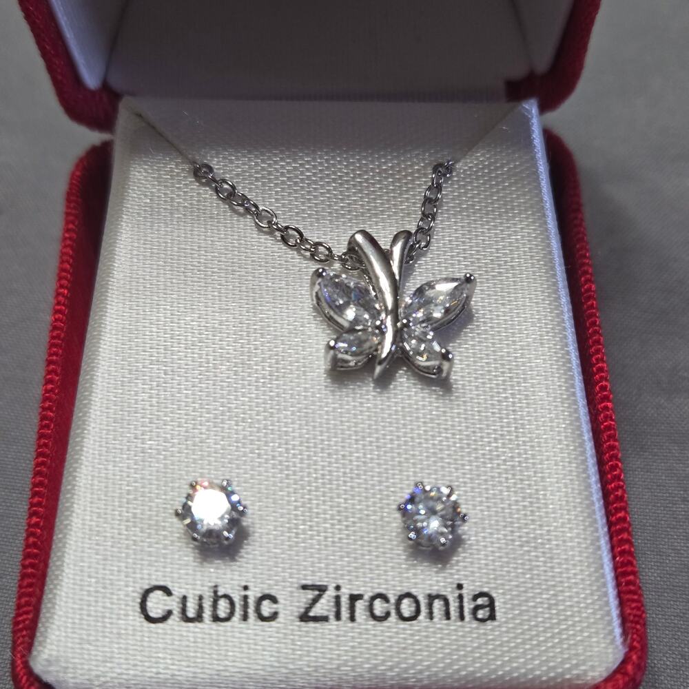 Sparkling Cubic Zirconia Butterfly Pendant & Matching Stud Earring Set